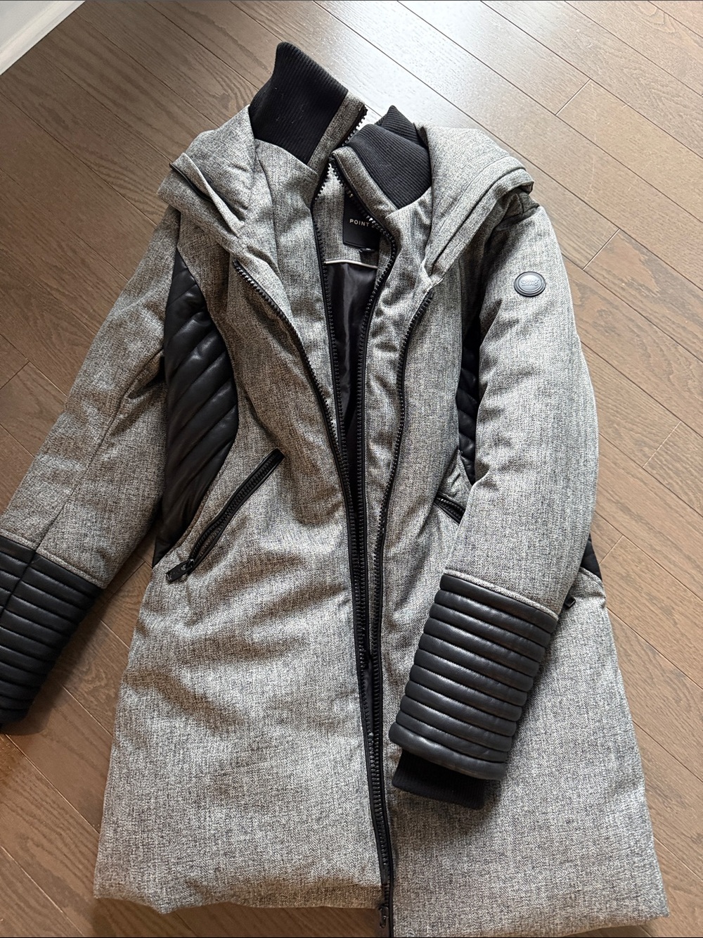 Point Zero Gray Parka with Black Quilted Sleeve Accents in faux leather